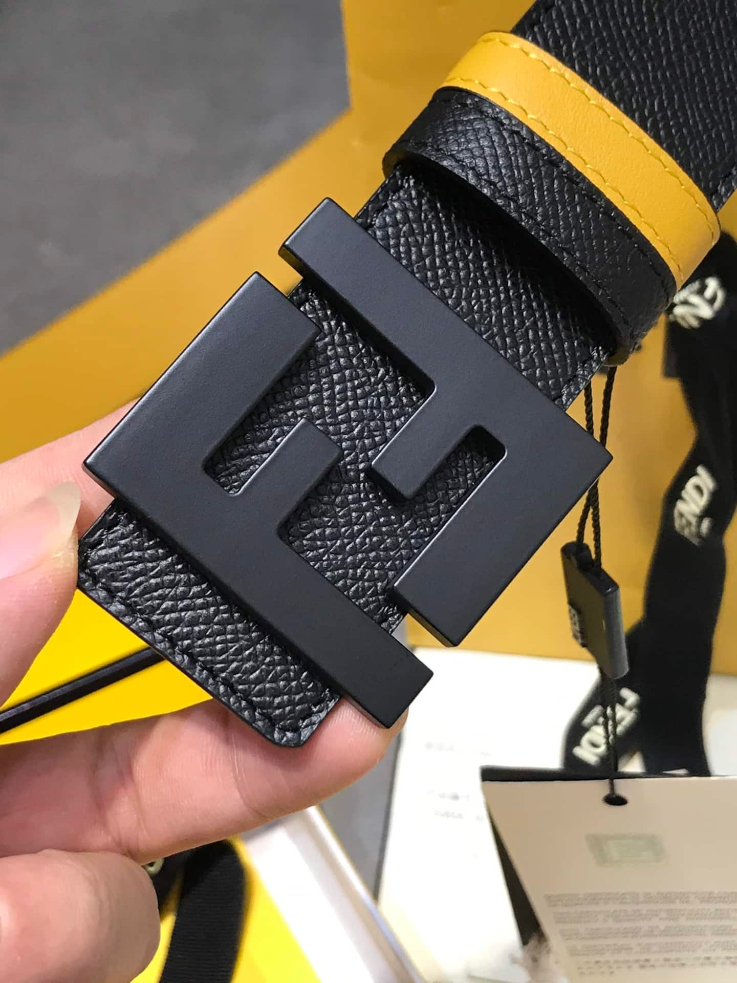 F**di Reversible Black Leather Belt Yellow 40Mm