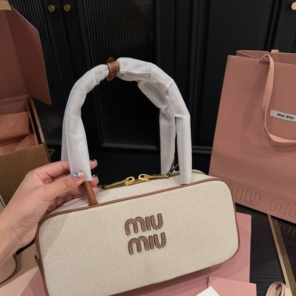 M1um1u Beau Canvas Bag Beige And Brandy 28Cm 5Bb173 Acrn F062F V Owm