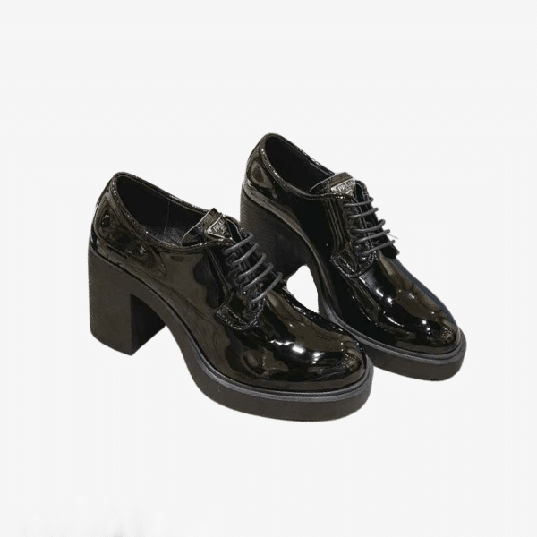 Pra*a Heeled Brushed Leather Lace-Ups Shiny Black