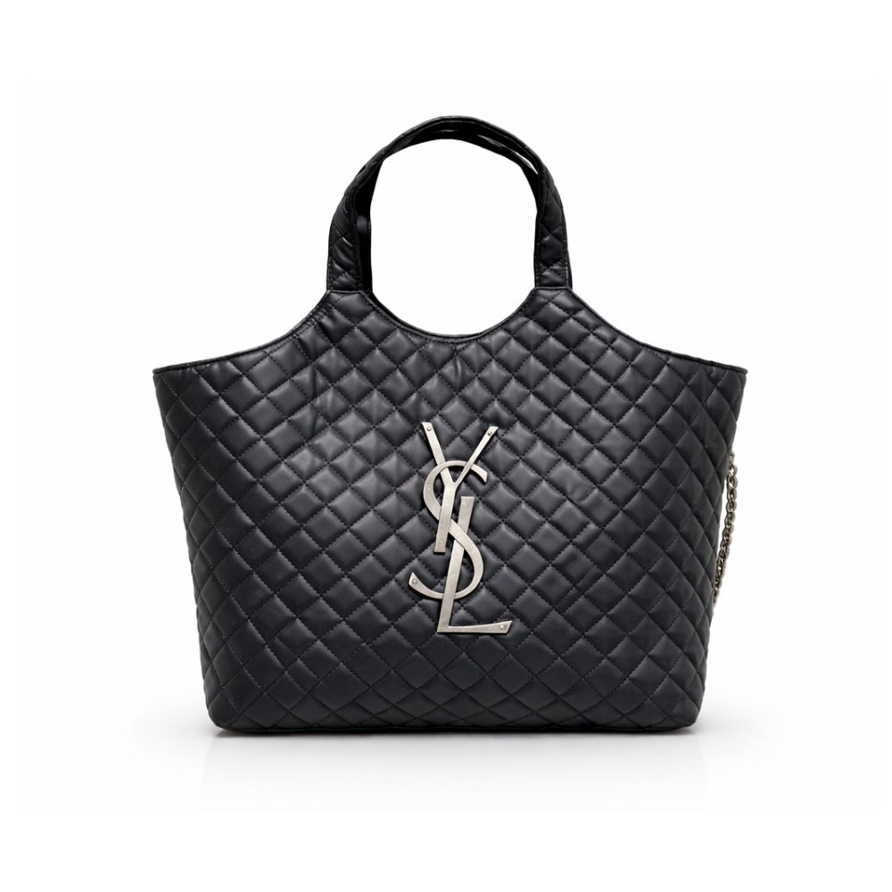 Sa1nt Lau*nt Icare Shopping Bag In Quilted Silver Hardware Black 40Cm