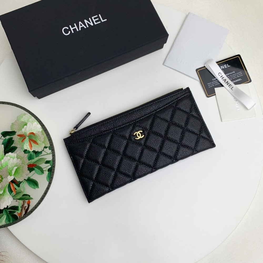 Ch**el Classic Zip Pouch Caviar Wallet Black 22Cm