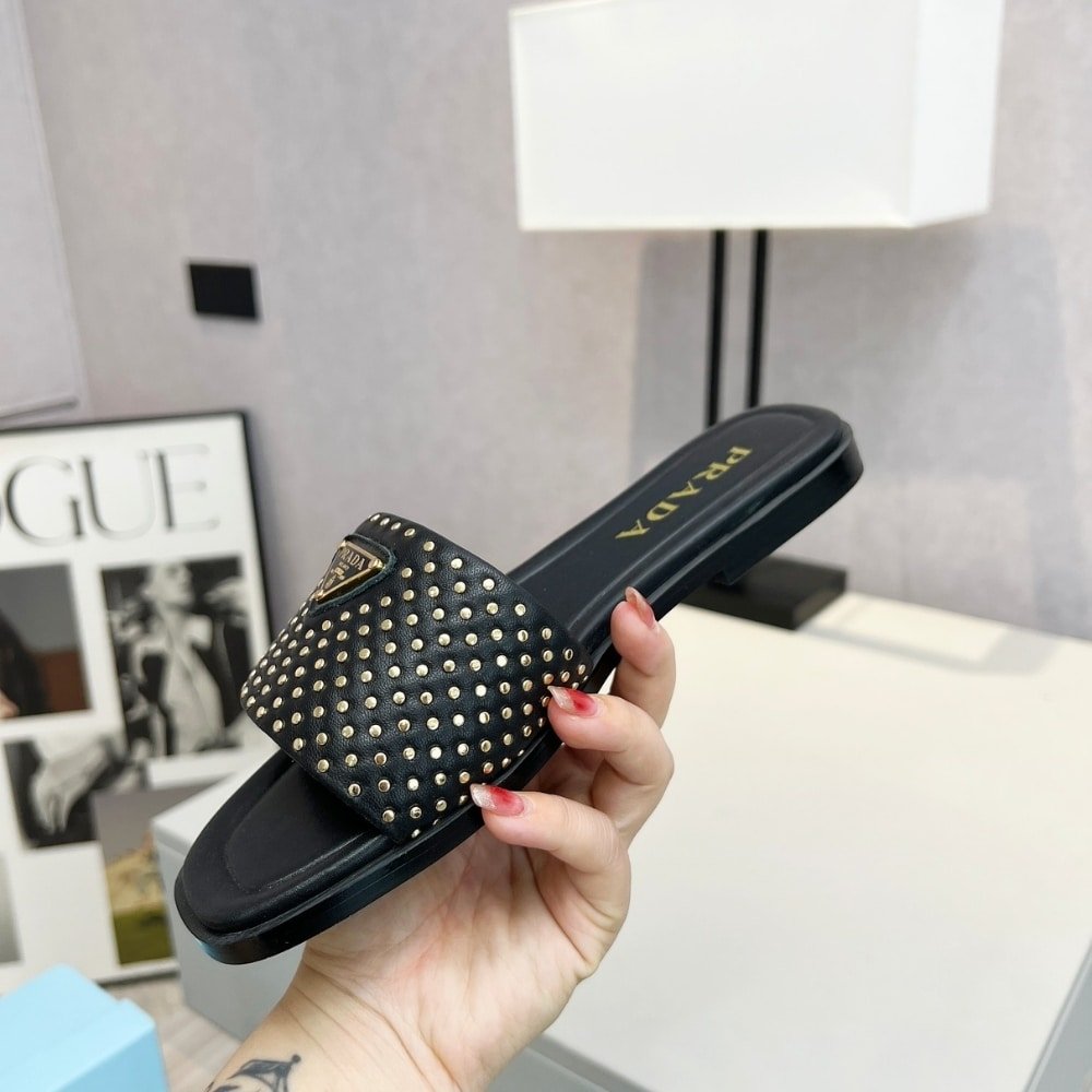 Pra*a Nappa Leather Slides With Studs Black 1Xx760 Zhp F0002 F 010