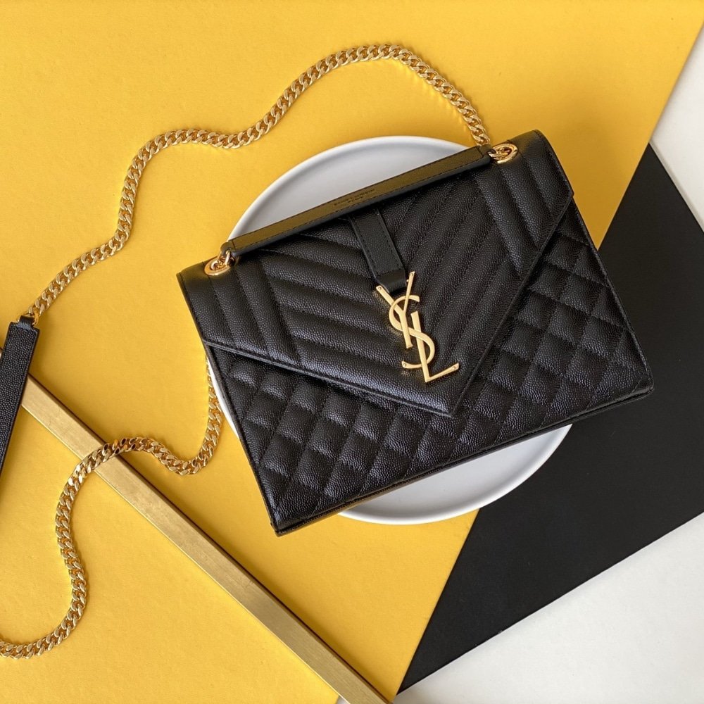 Sa1nt Lau*nt Envelope Medium In Quilted Grain De Poudre Embossed Leather Black Gold 24Cm 600185Bow911000