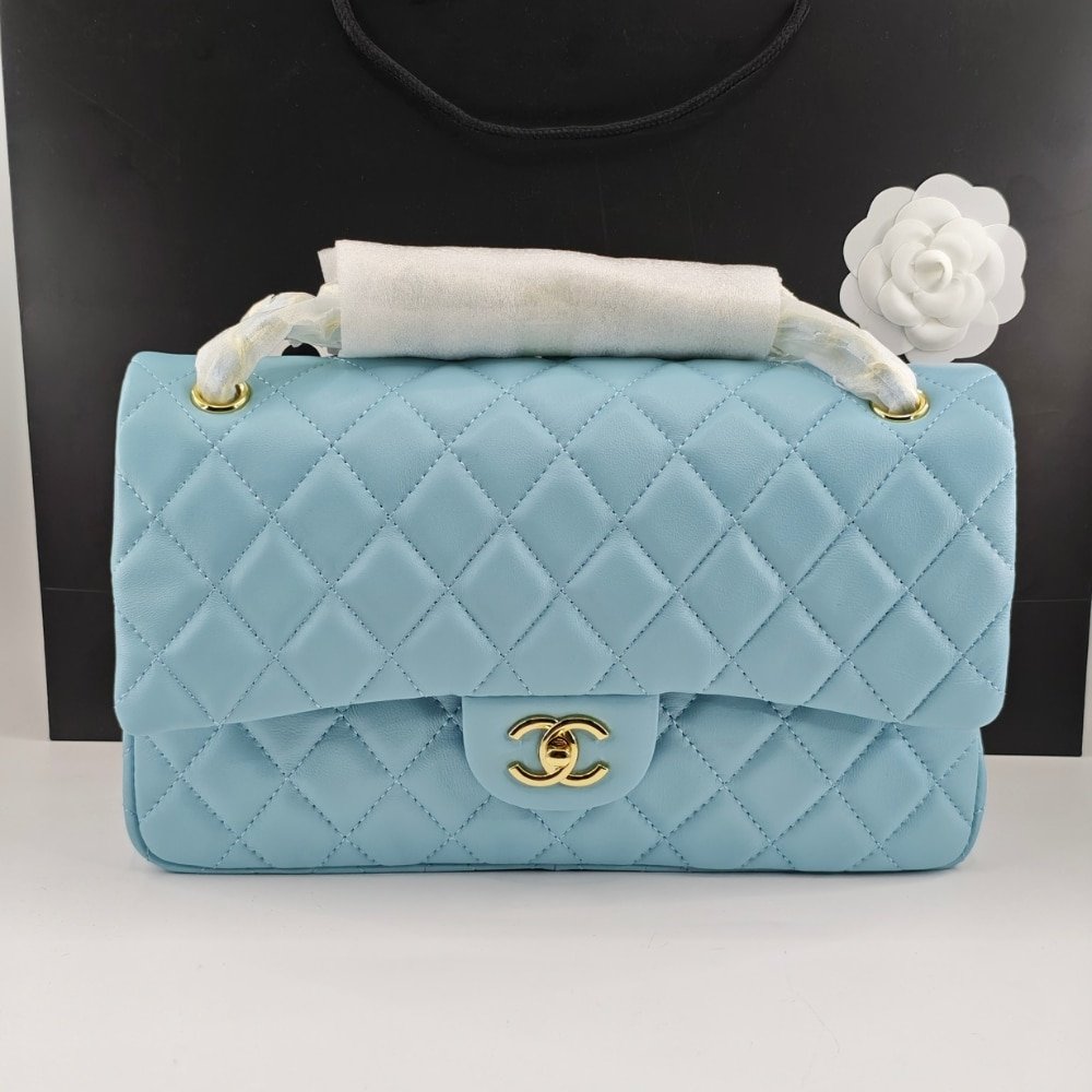 Ch**el Classic 11.12 Handbag Gold Tone Metal Light Blue 30Cm