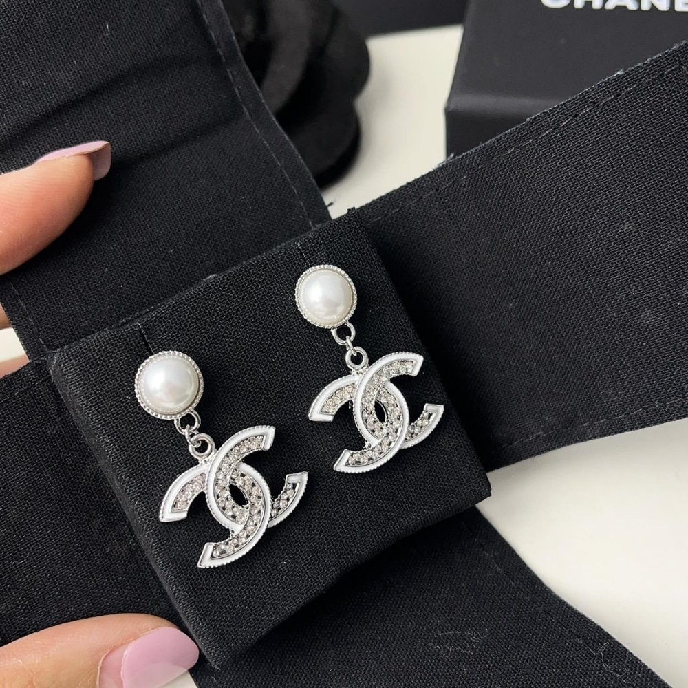 Ch**el Double C Pearl Earrings Silver White