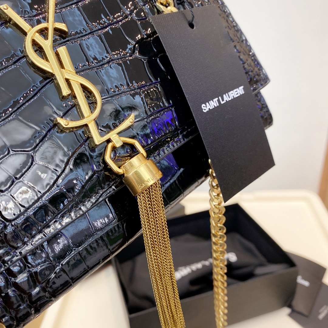 Sa1nt Lau*nt Kate Medium With Tassel In Shiny Crocodile Embossed Leather Black 22Cm 354119Aaay14083