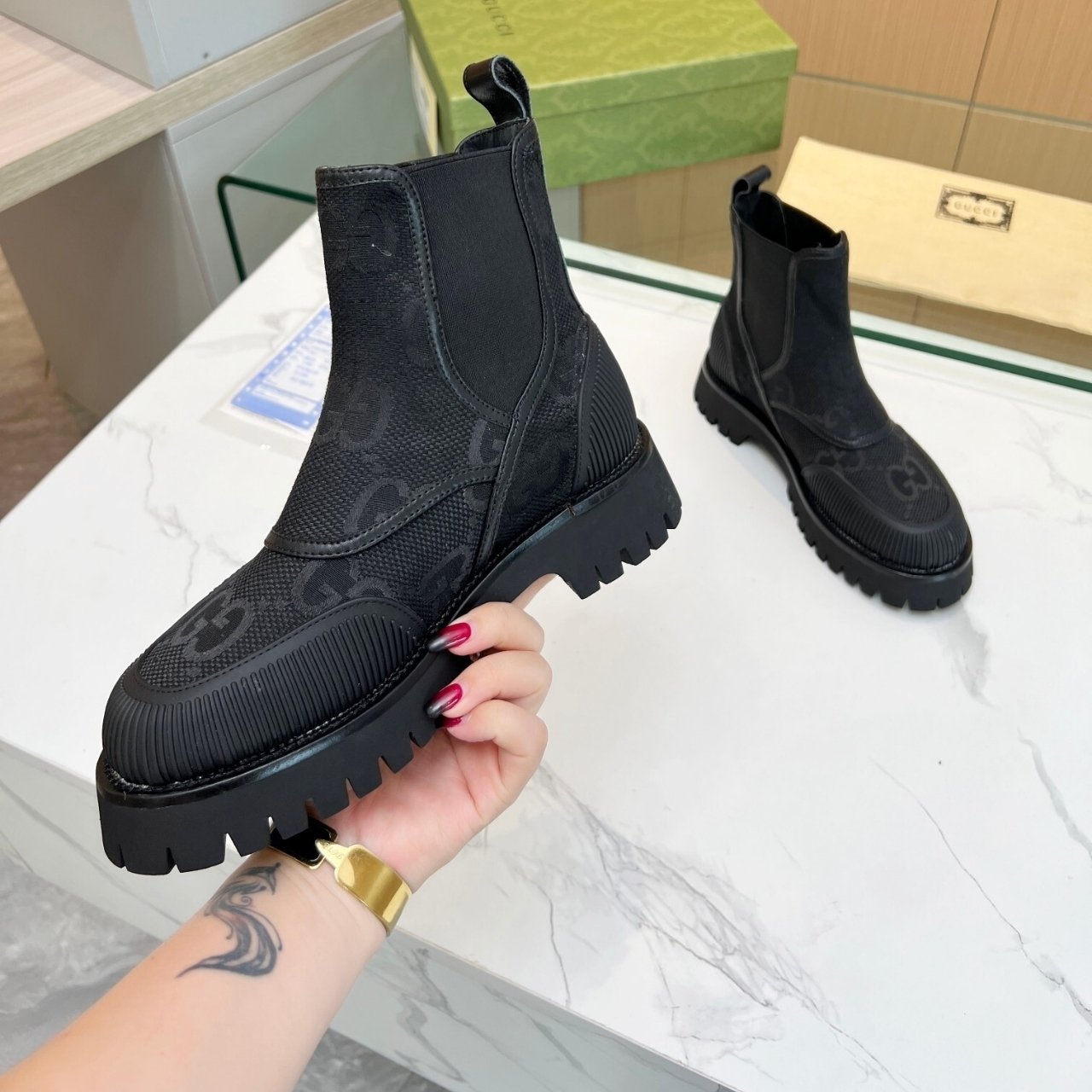 Gvc*1 Gg Jacquard Canvas Ankle Boot Triple Black 739777 Fab5I 1000