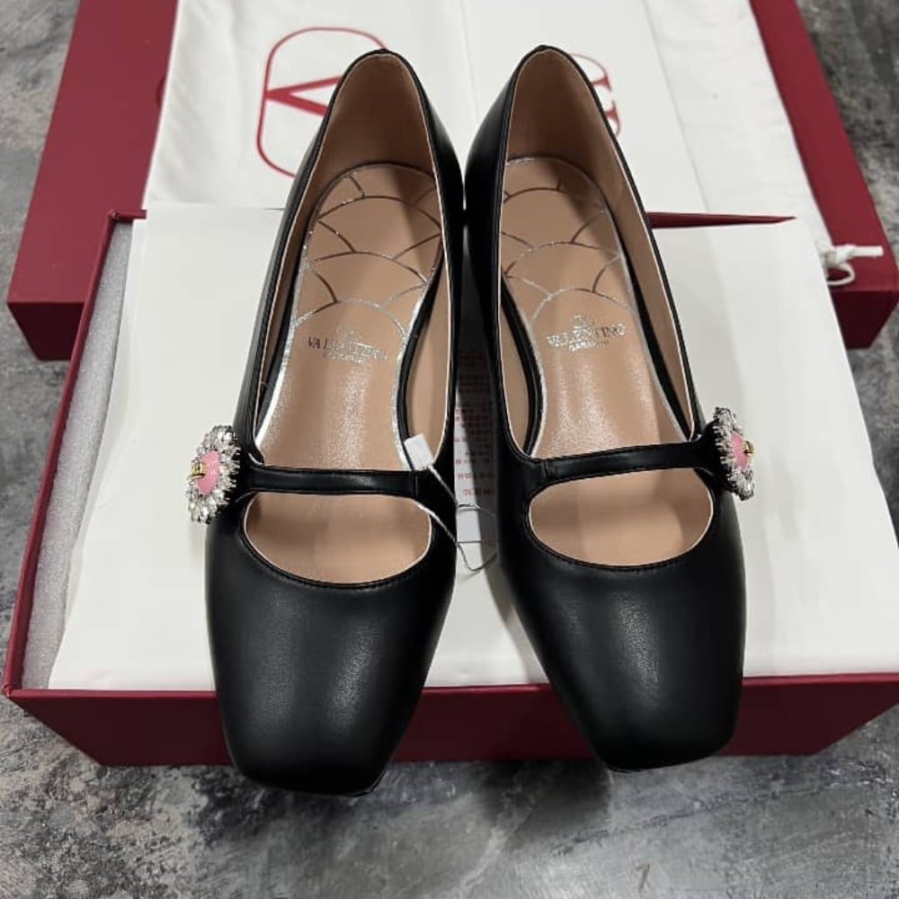 Va1e*ntin0 Mary Jane Preshoes Ballerina In Kidskin With Jewel Button Black 6W2S0Ll7Dhs 9Tj
