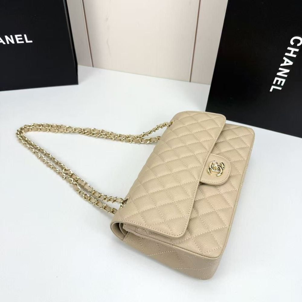 Ch**el Medium Classic Double Flap Bag Beige 25Cm A01113 Y04059 NZG77