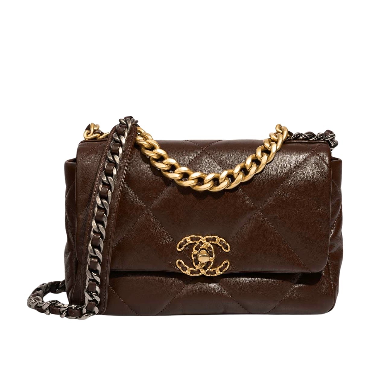 Ch**el 19 Flap Bag Shiny Gold And Silver Tone Brown 20Cm