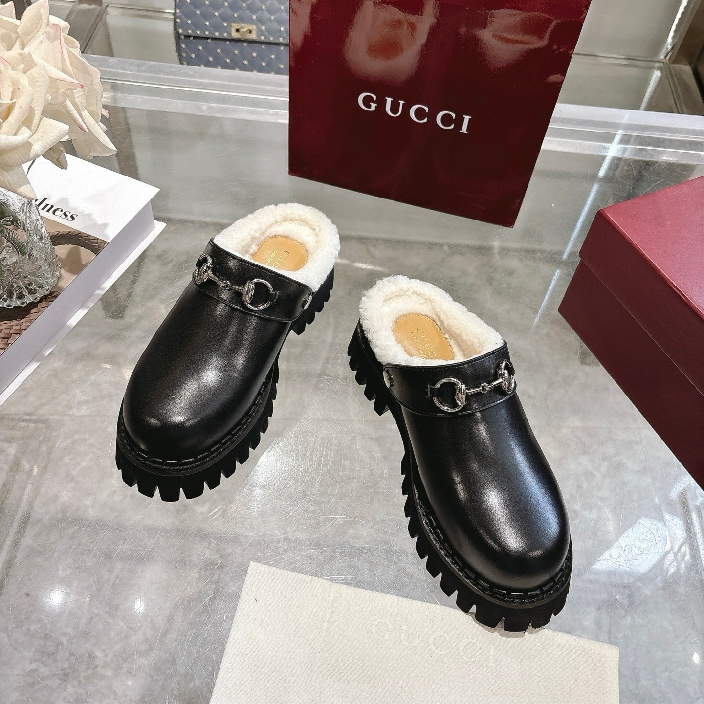 Gvc*1 Horsebit Shearling Mules In Black Leather