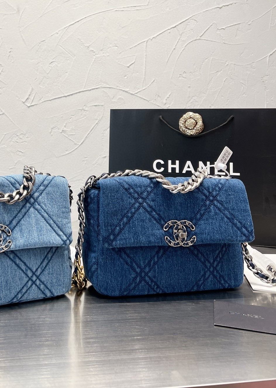 Ch**el Deep Blue Denim Quilted Medium 19 Flap 26Cm