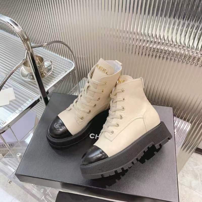 Ch**el Cc Lace Up Boot White Black
