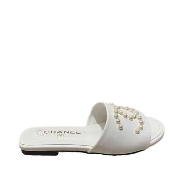 Ch**el Cc Pearl Slippers White