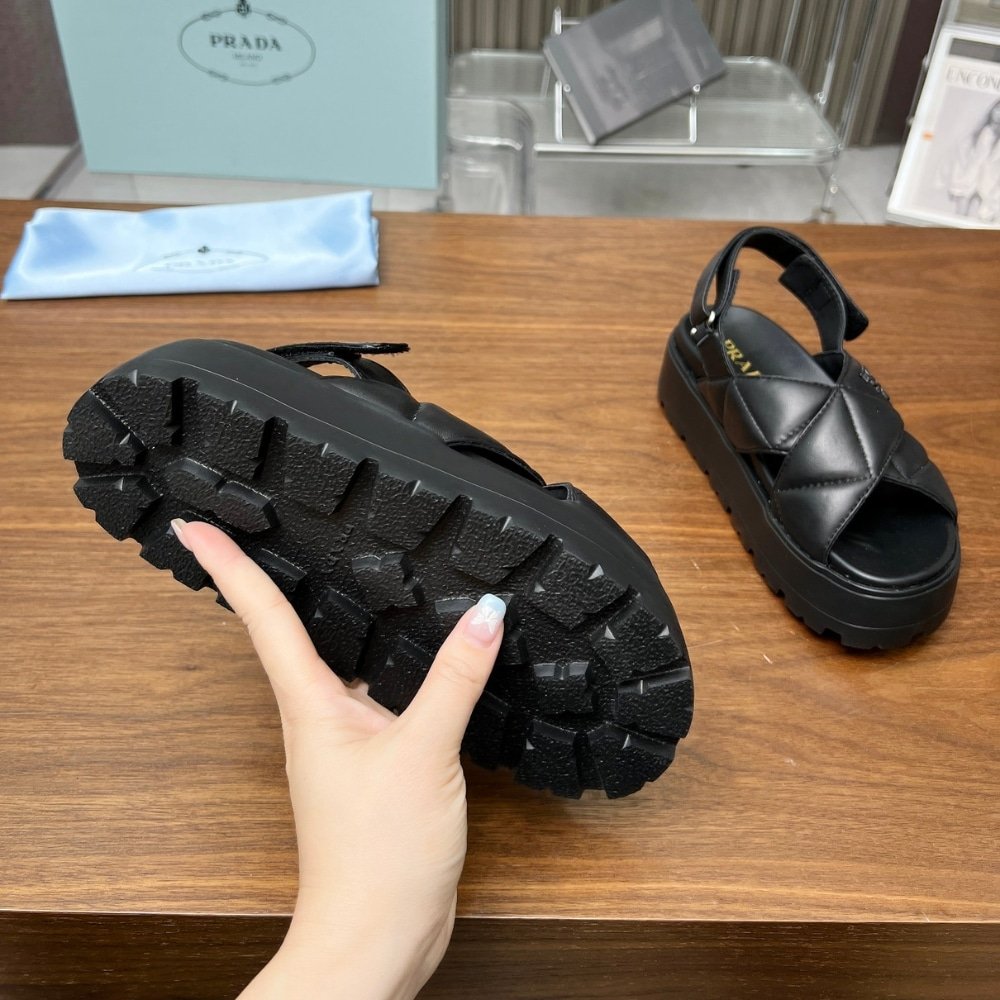 Pra*a Nappa Leather Crisscross Flatform Sandals Black 1Xz777 038 F0002 F 045
