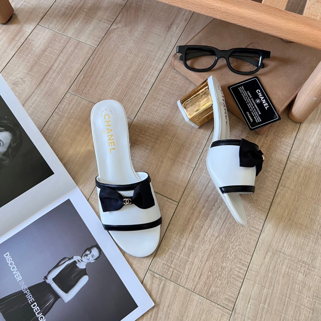 Ch**el Grosgrain Ribbon Bow Mule Leather White