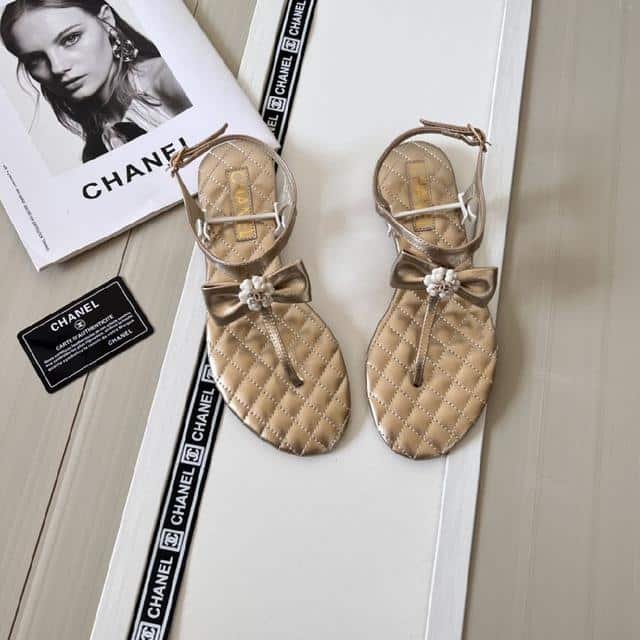Ch**el Gold Quilted Leather With White Camellia Cc Logo Bow Thong Sandals