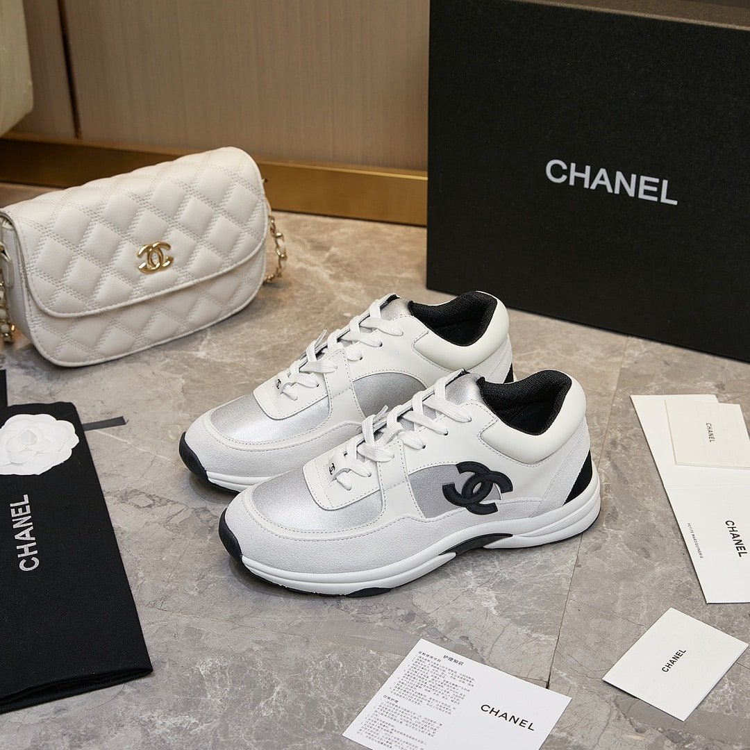 Ch**el Suede And Leather Cc Low Top Sneaker White Black
