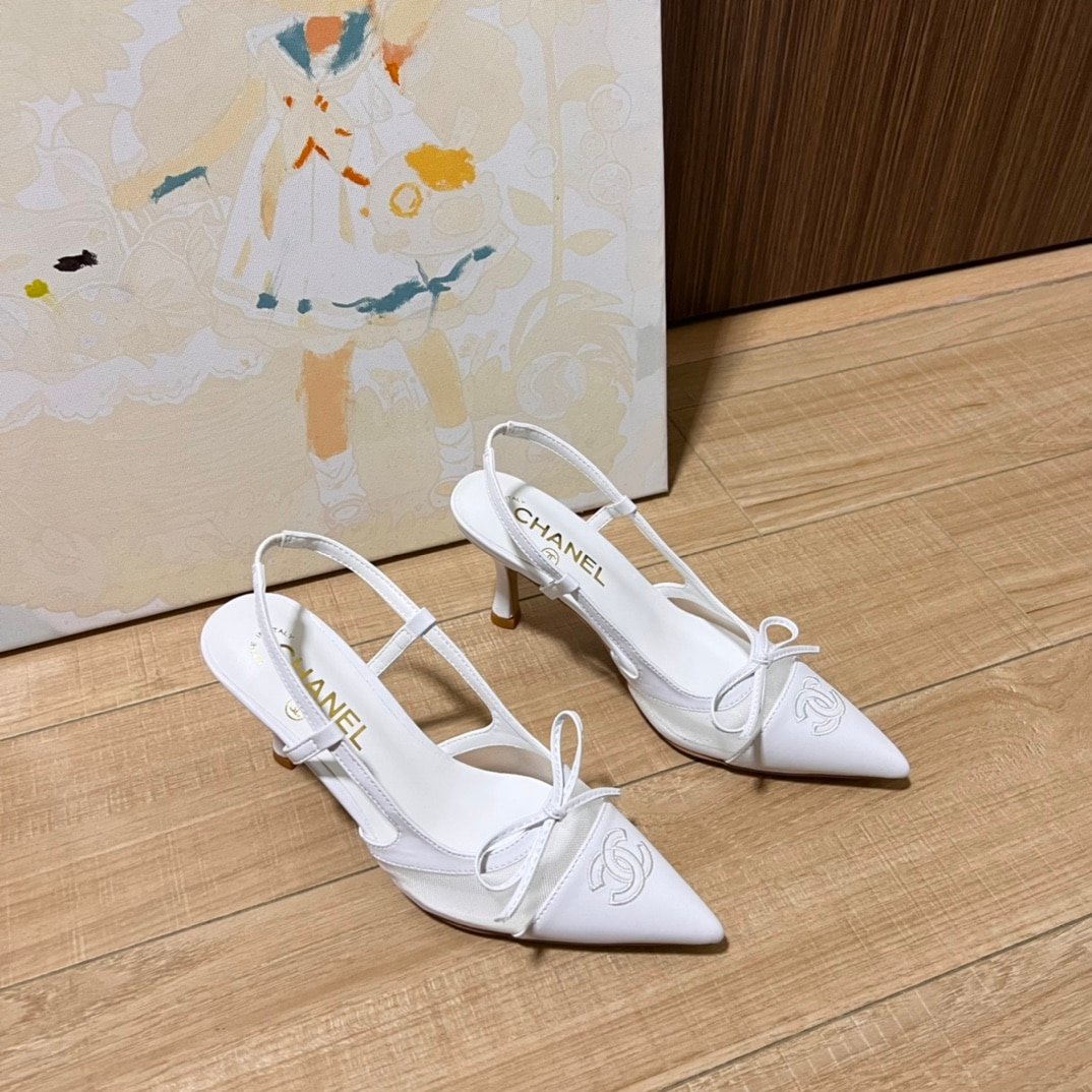 Ch**el Cc Leather Pointy Toe Pumps Slingbacks Sandals White