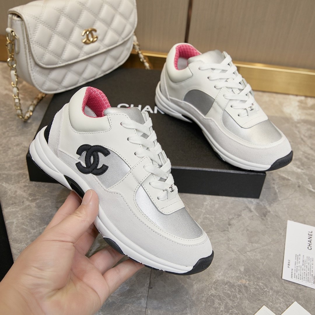 Ch**el Suede And Leather Cc Low Top Sneaker White Pink
