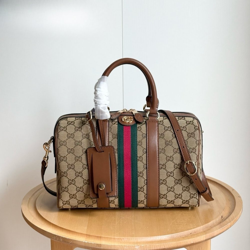 Gvc*1 Ophidia Medium Boston Bag Beige And Brown GG Canvas 30Cm ‎857595 FAFUF 9870