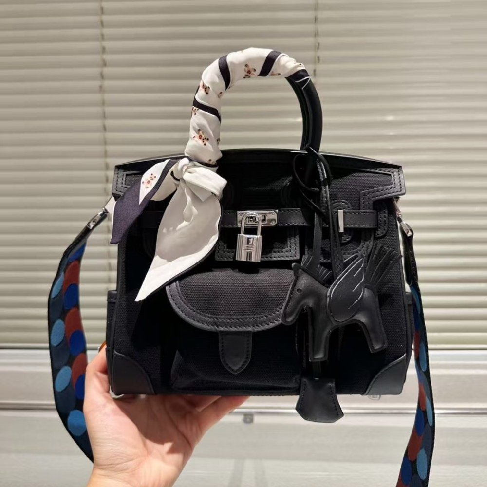 H**me5 Birkin Cargo 25 Travel Bag Black Toile Goeland 25Cm