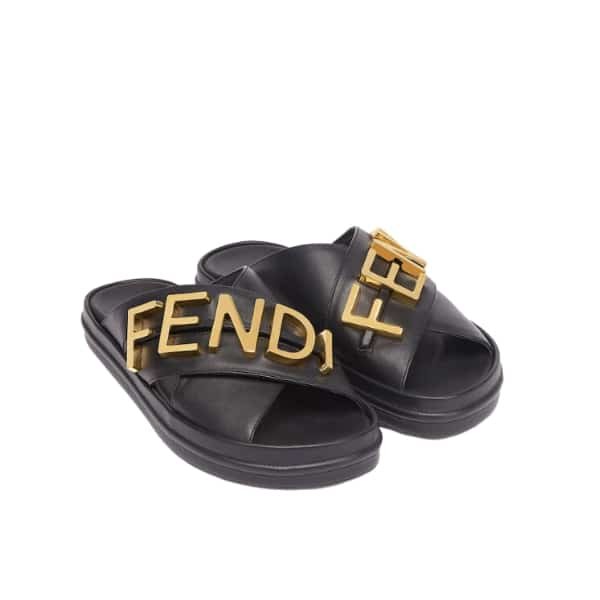 F**di F**digraphy Leather Slides Black 8X8289Ai1Rf1H1K