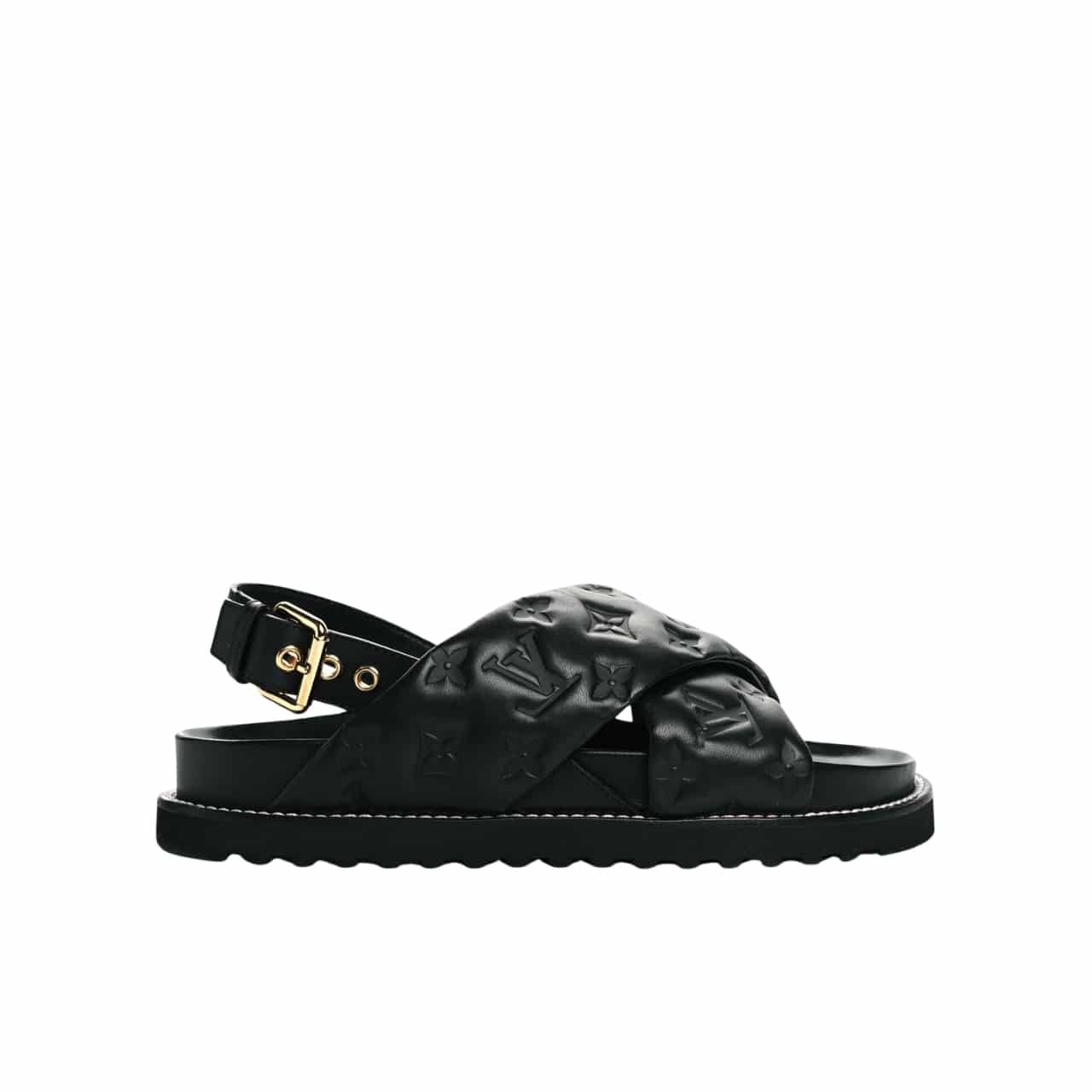 L0vis Vvtt0n Monogram Embossed Paseo Flat Comfort Sandals Black