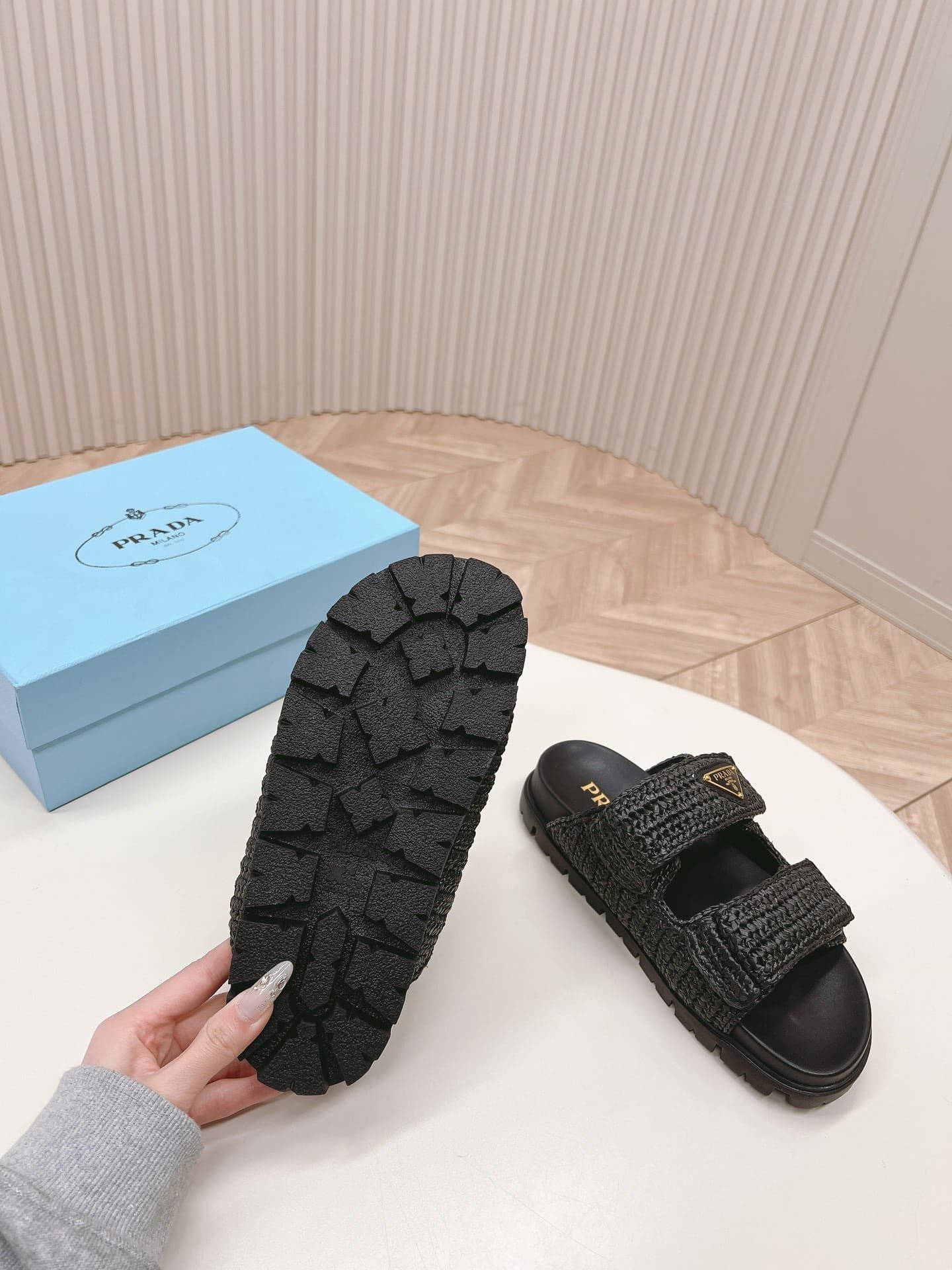 Pra*a Fussbett Raffia Dual Buckle Slide Sandals Black