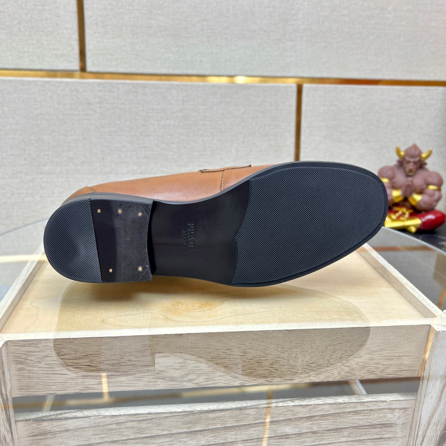 Pra*a Brushed Leather Loafer Plate Bit Logo Brown