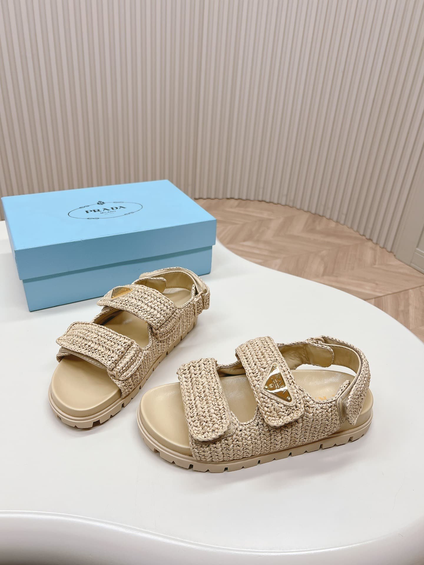 Pra*a Monolith Crochet Raffia Effect Sandals In Neutrals