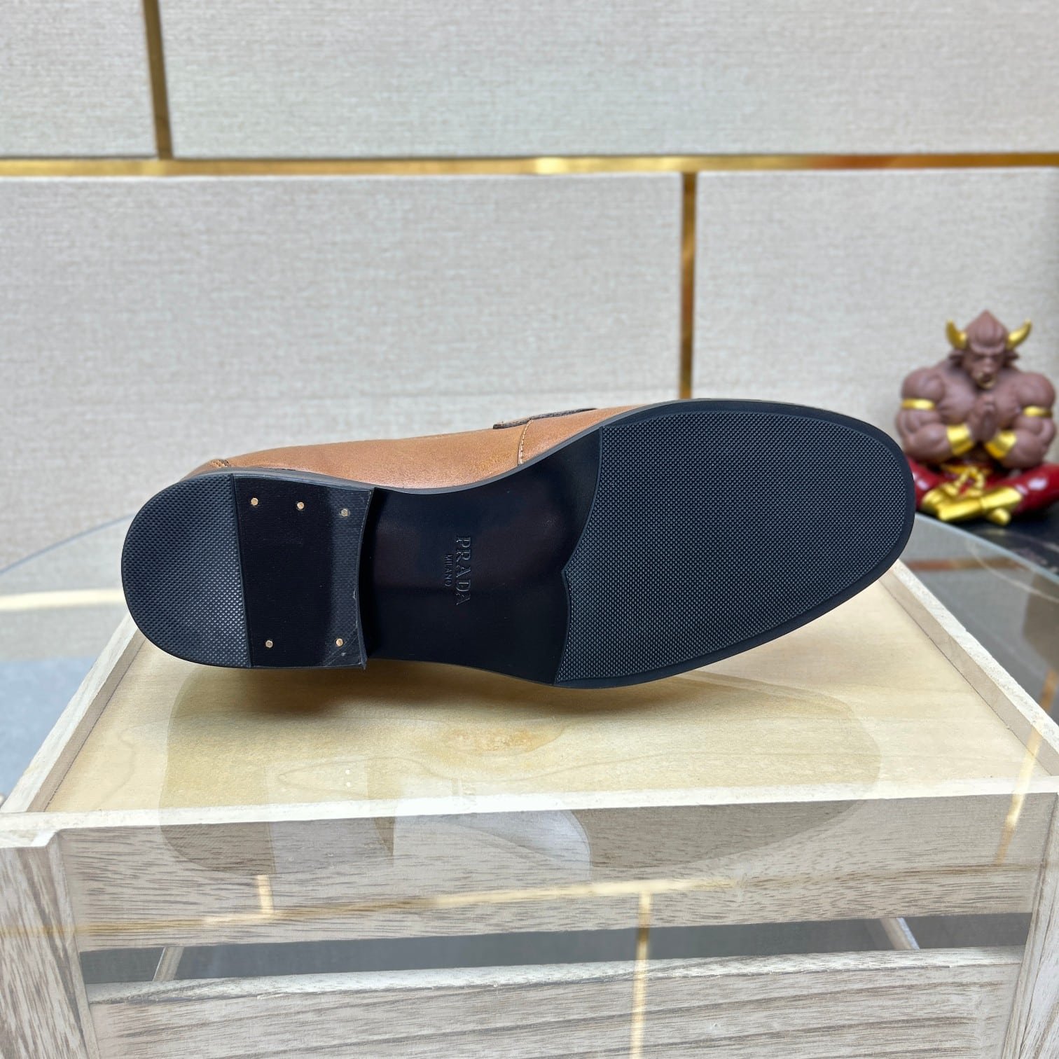 Pra*a Brushed Leather Loafers Triangle Logo Brown