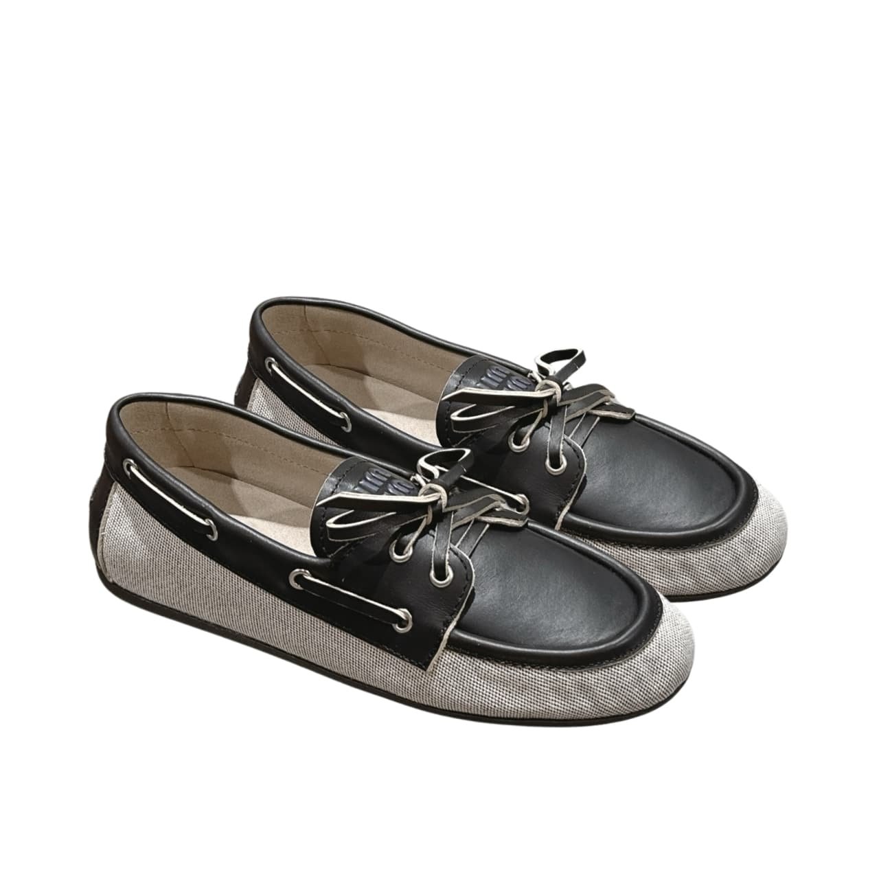 M1um1u Canvas And Bleached Leather Boat Shoes Black