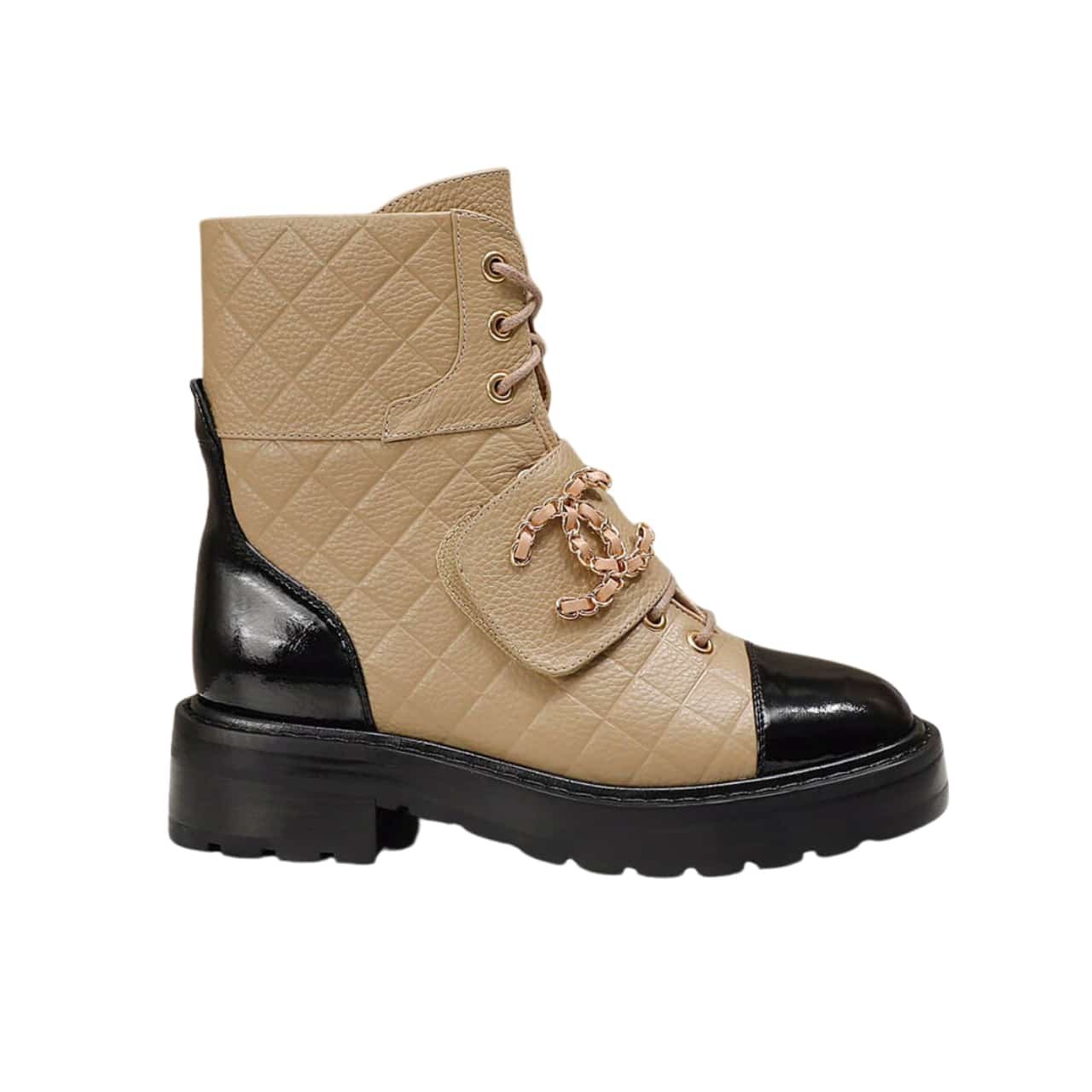 Ch**el Lace Up Boots Beige Black G39516 Y56261 K5119