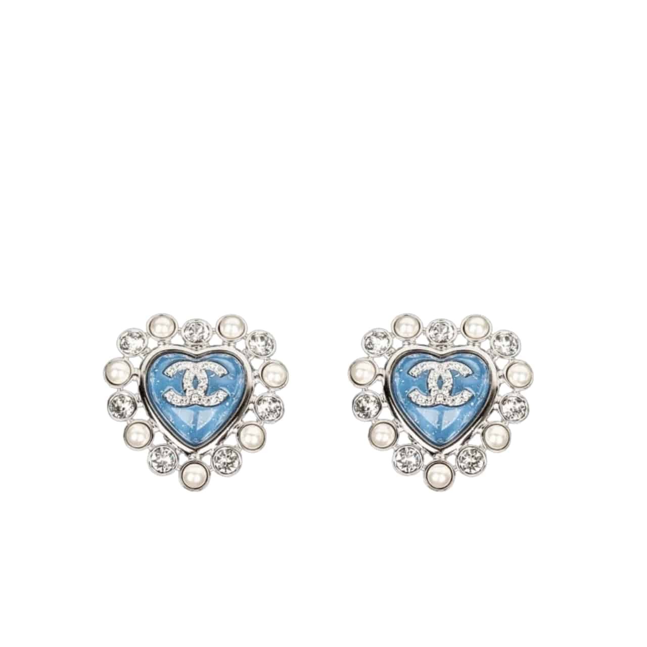 Ch**el Heart Motif And Crystal Earrings In Blue