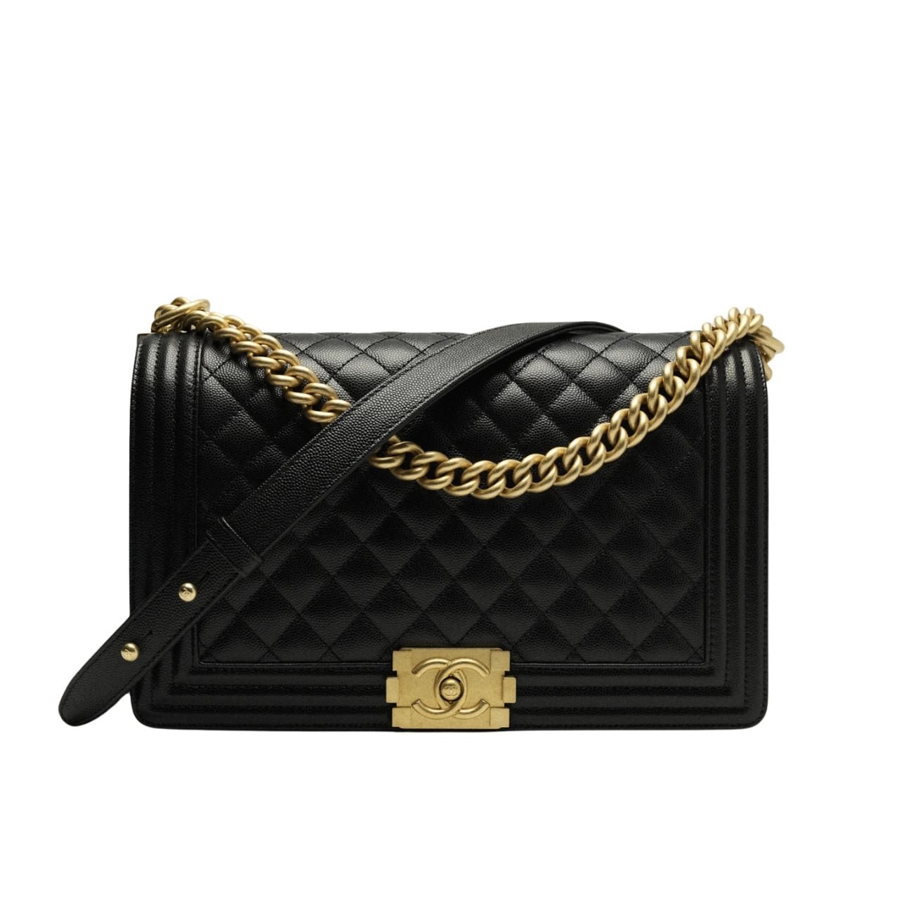 Ch**el Boy Medium Handbag Grained And Gold Tone Metal Black 25Cm