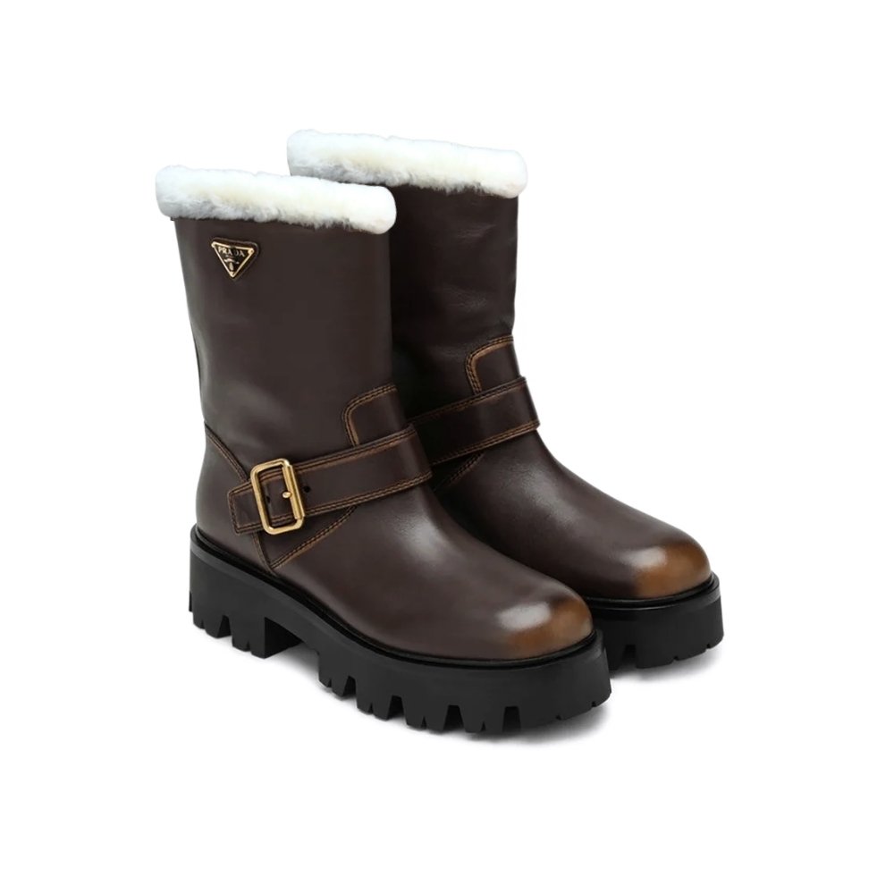 Pra*a Leather And Shearling Booties Cocoa Brown 1U187O Dfw F0324 F 050