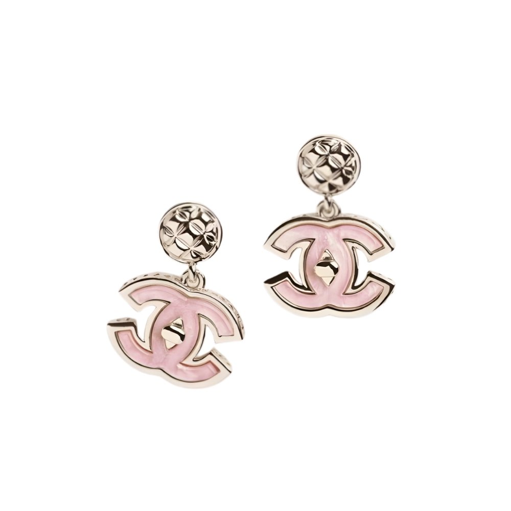 Ch**el Large Enamel Cc Dangle Earrings Light Pink