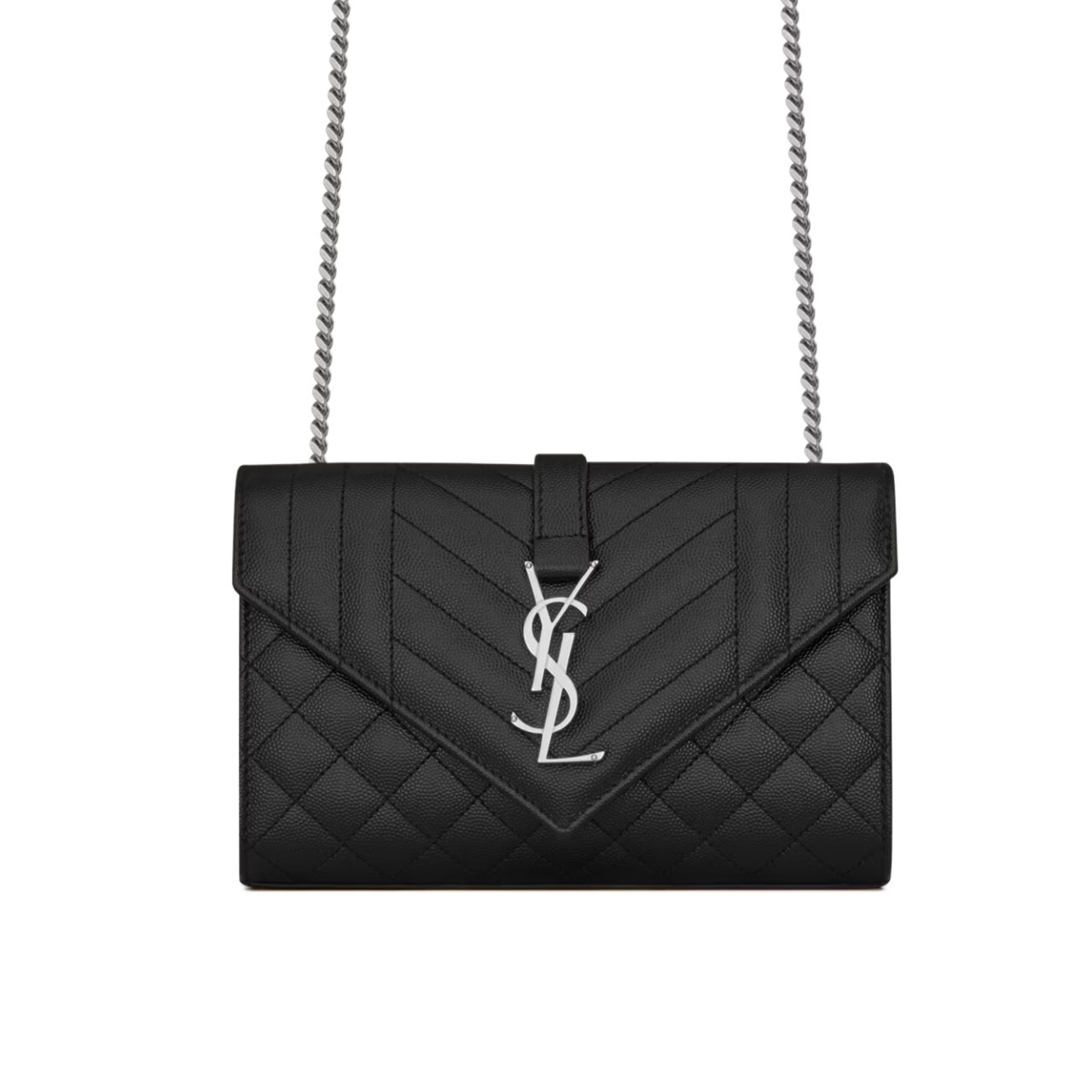 Sa1nt Lau*nt Envelope Small In Quilted Grain De Poudre Embossed Leather Black Silver 21Cm 600195Bow921000