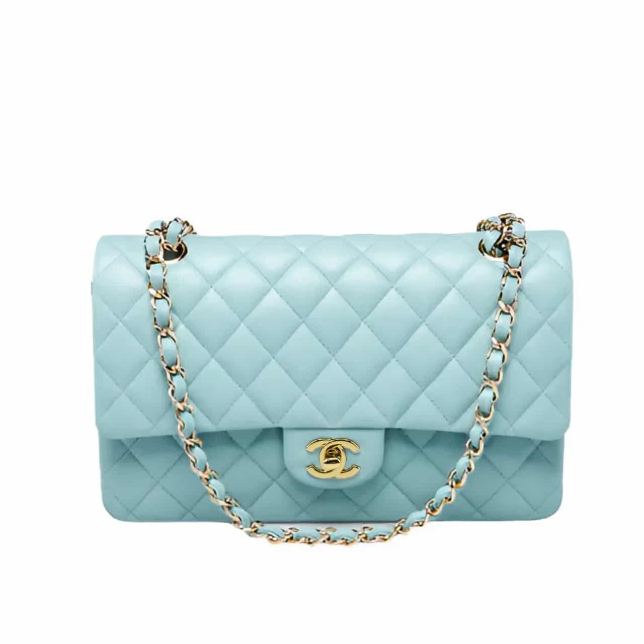 Ch**el Classic 11.12 Handbag Gold Tone Metal Light Blue 30Cm