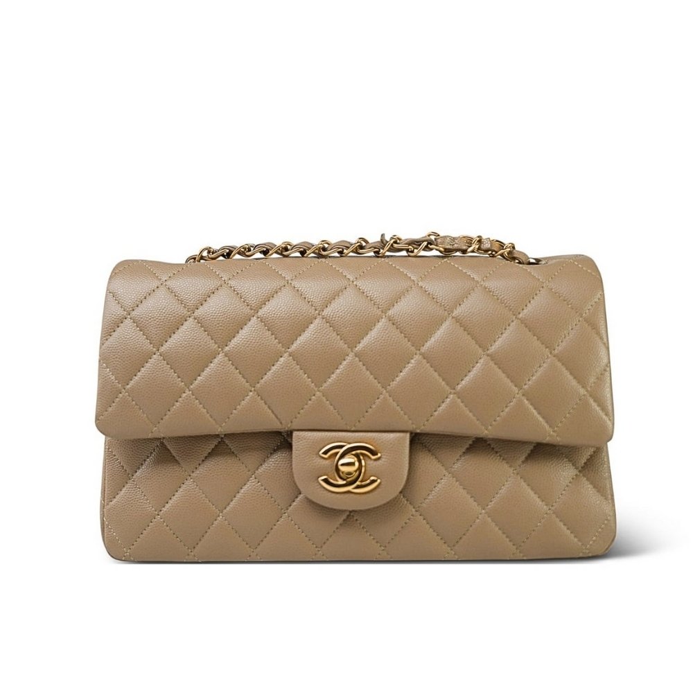 Ch**el Medium Classic Double Flap Beige Gold Hardware 25Cm