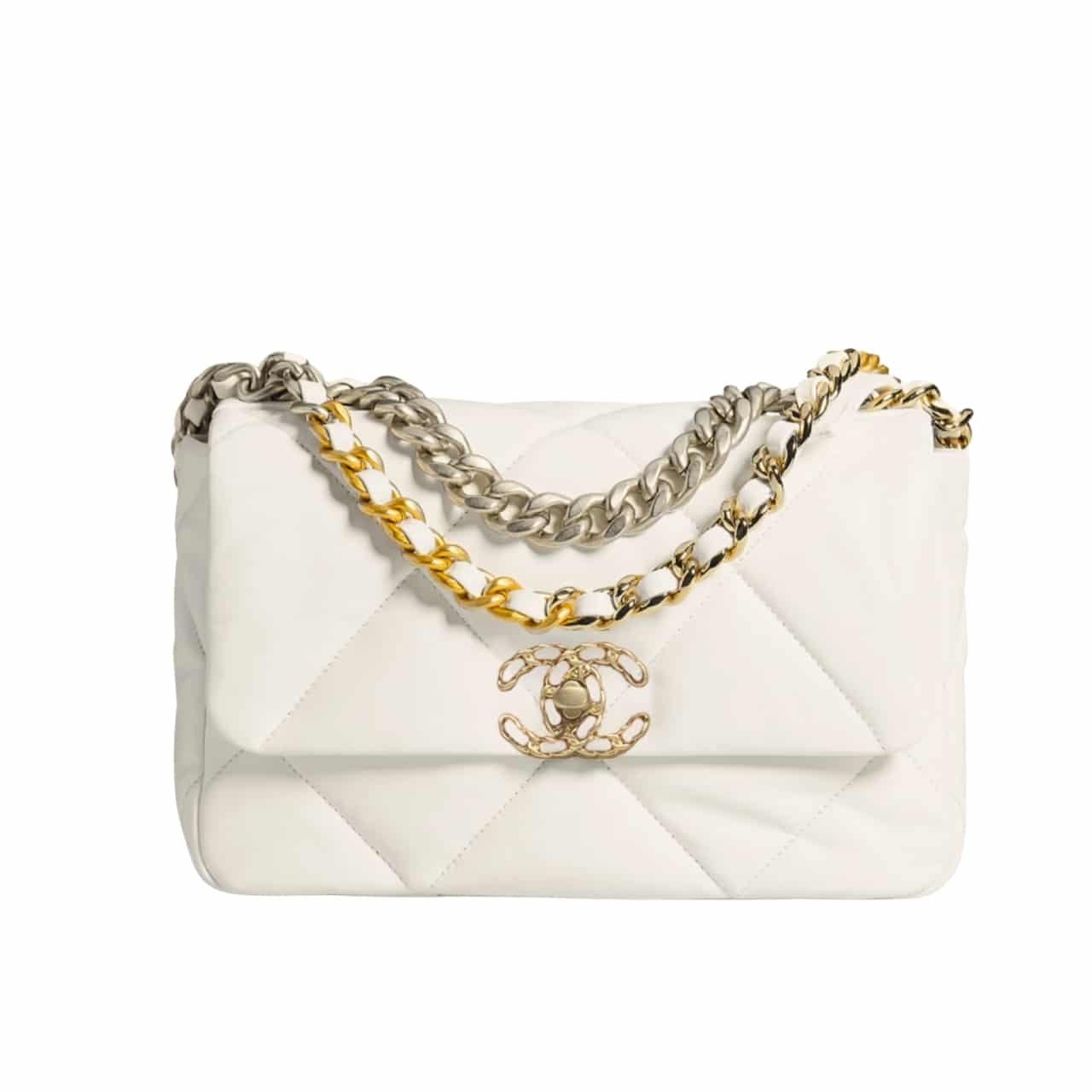 Ch**el 19 Flap Bag Shiny Gold And Silver Tone White 26Cm As1161 B04852 10601