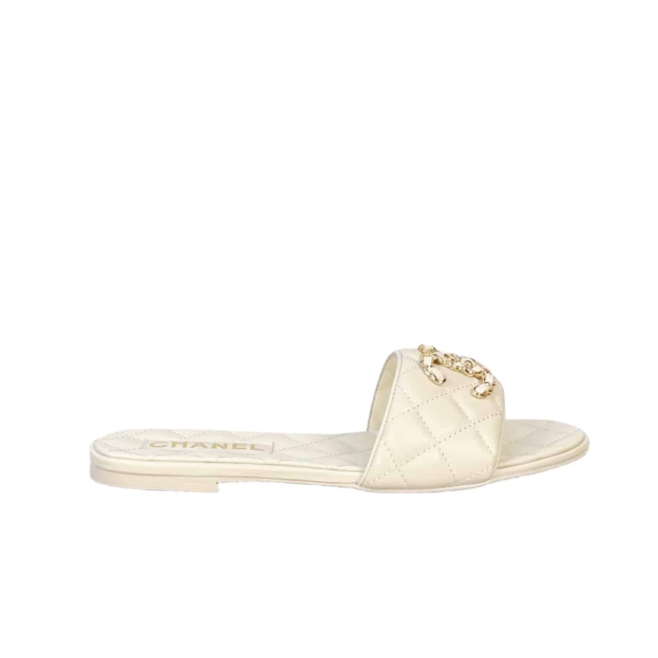 Ch**el 23P Quilted Cc Chain Mule Sandal White