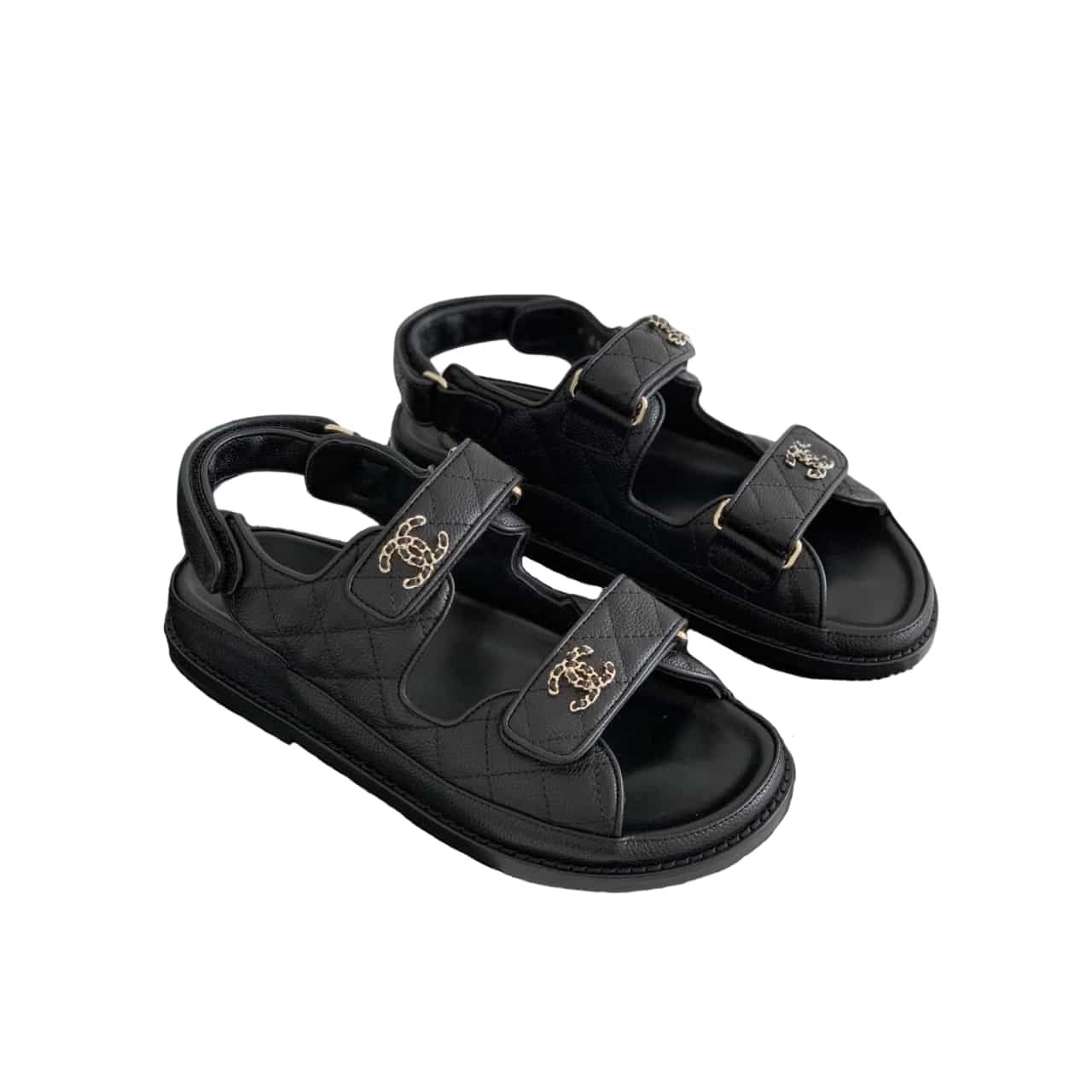 Ch**el Cc Button Velcro Black Sandals Grained Calfskin Leather