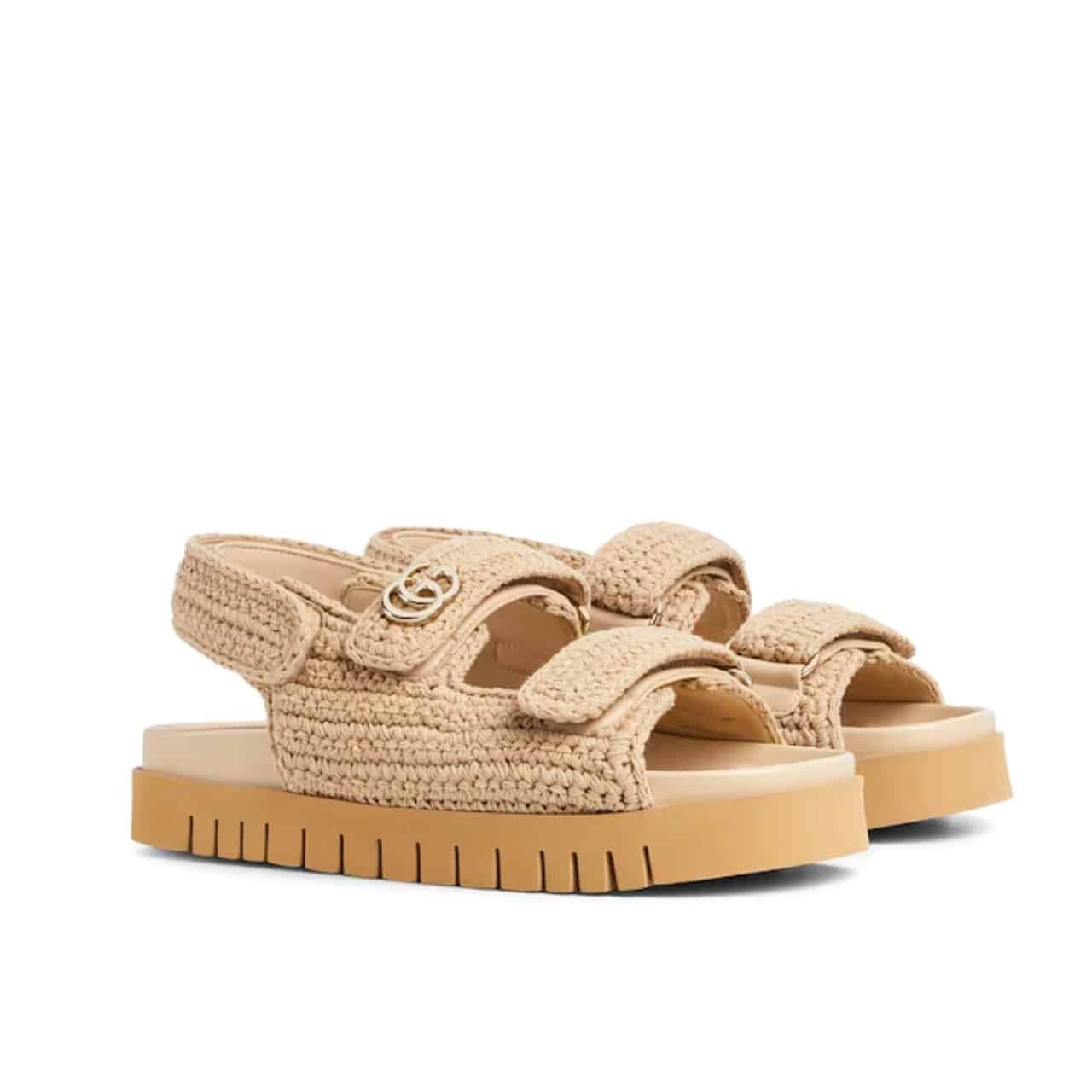 Gvc*1 Women Sandal With Double G Beige Crochet ‎835086 Faeq2 9552