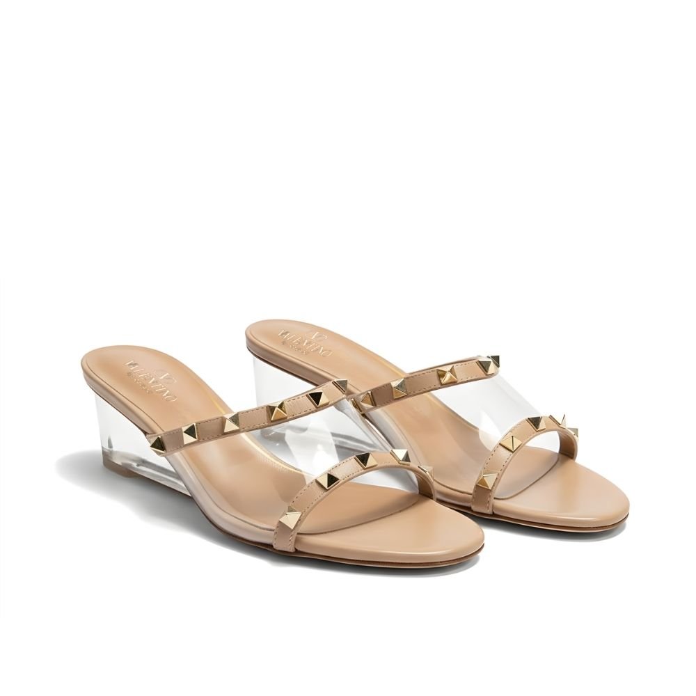 Va1e*ntin0 Garavani Rockstud Skin Heeled Sandals Beige