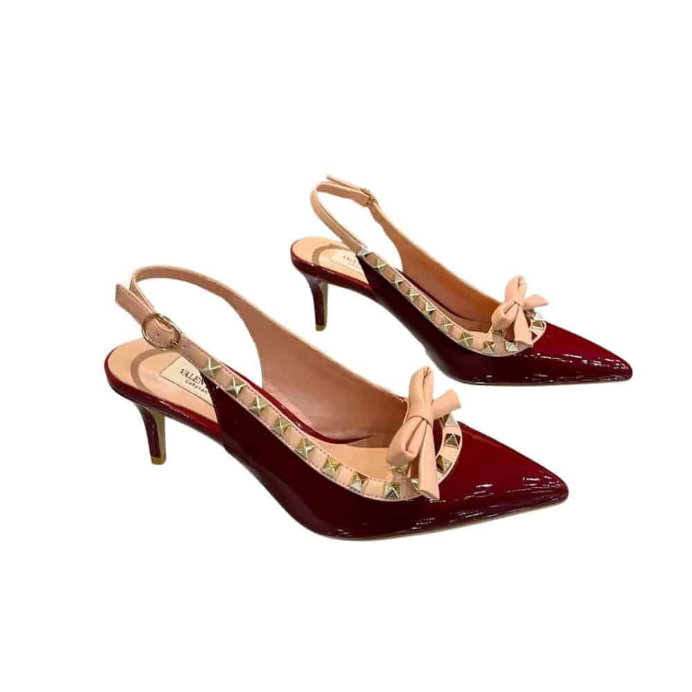 Va1e*ntin0 Rockstud Bow Slingback Pump In Patent Leather With Matching Studs Red