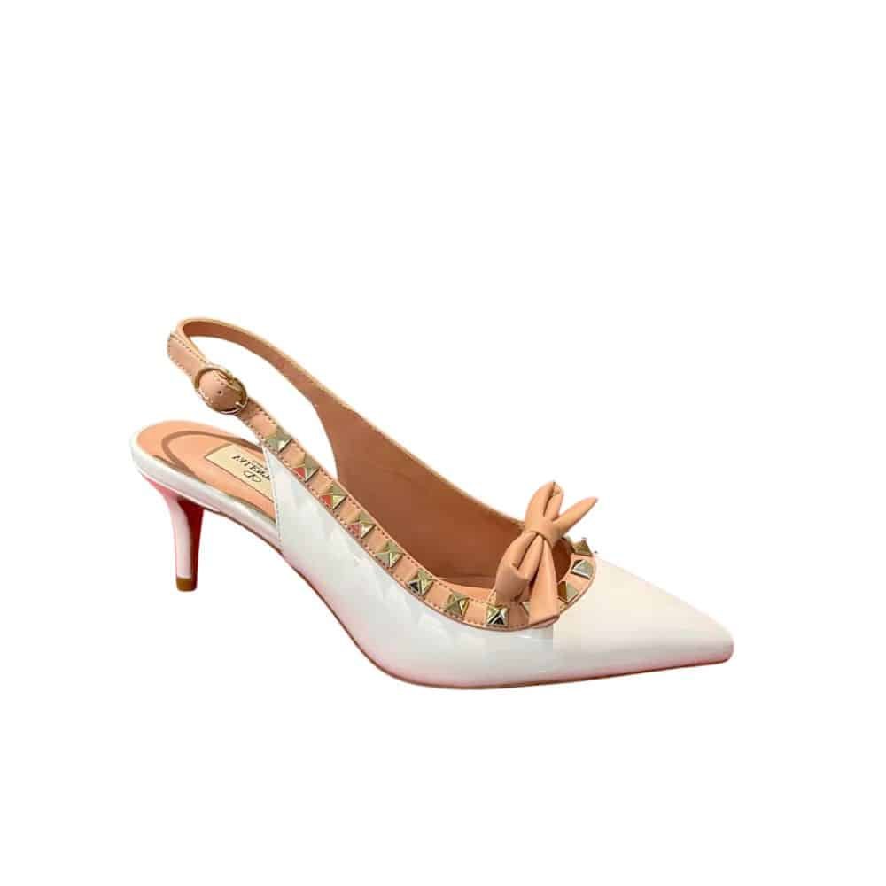 Va1e*ntin0 Rockstud Bow Slingback Pump In Patent Leather With Matching Studs White