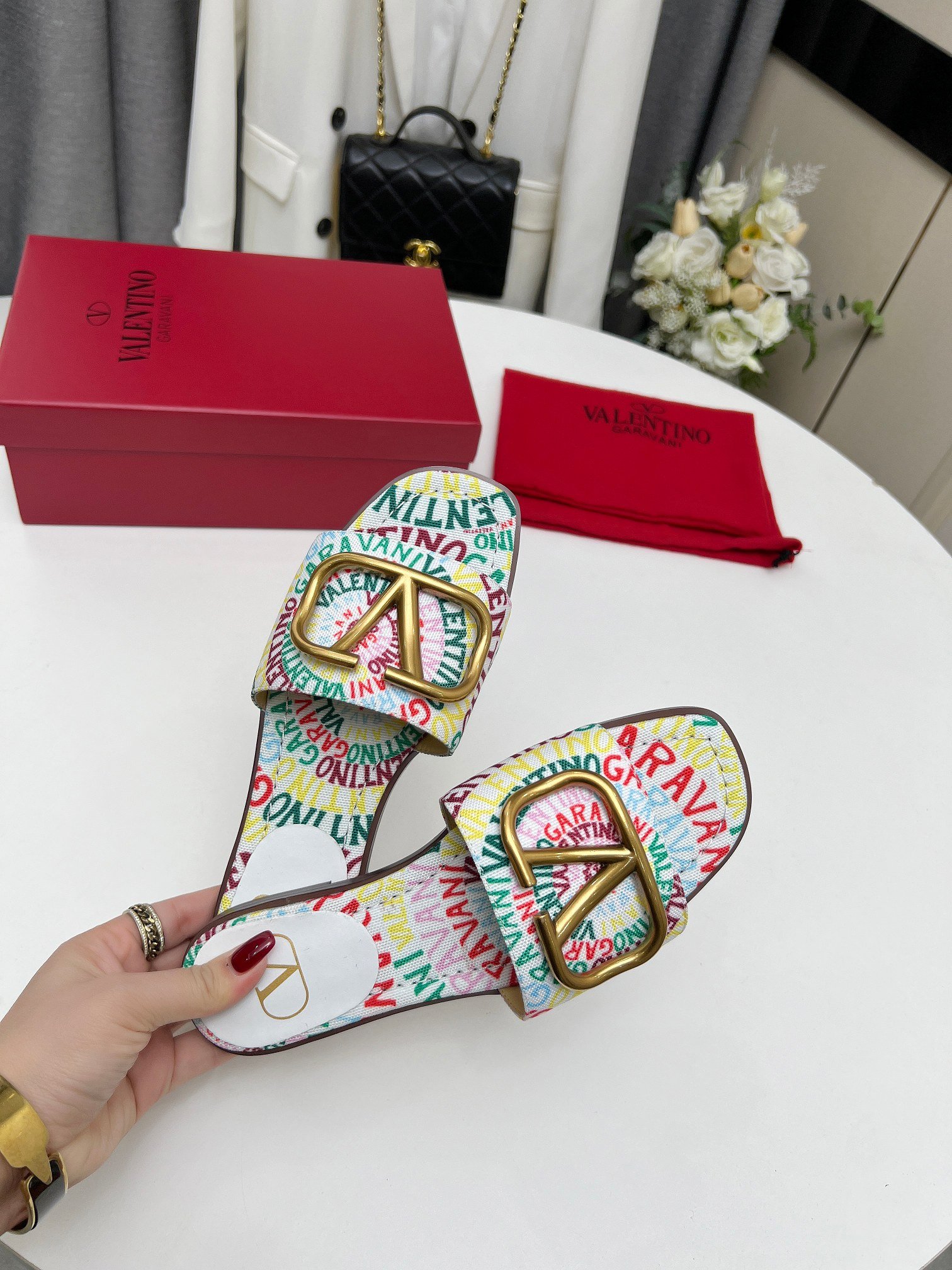 Va1e*ntin0 Garavani Escape Slide Sandal In Canvas With Va1e*ntin0 Loop Print Ws0Bd5Ful Qd7