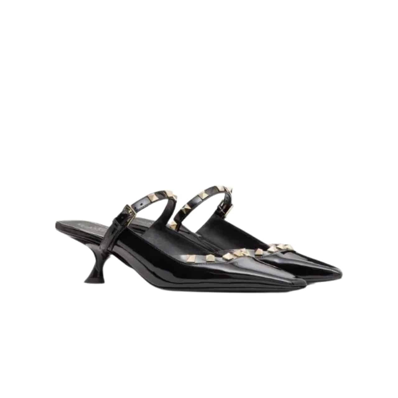 Va1e*ntin0 Garavani Rockstud Asymmetric Patent Leather Mules Black